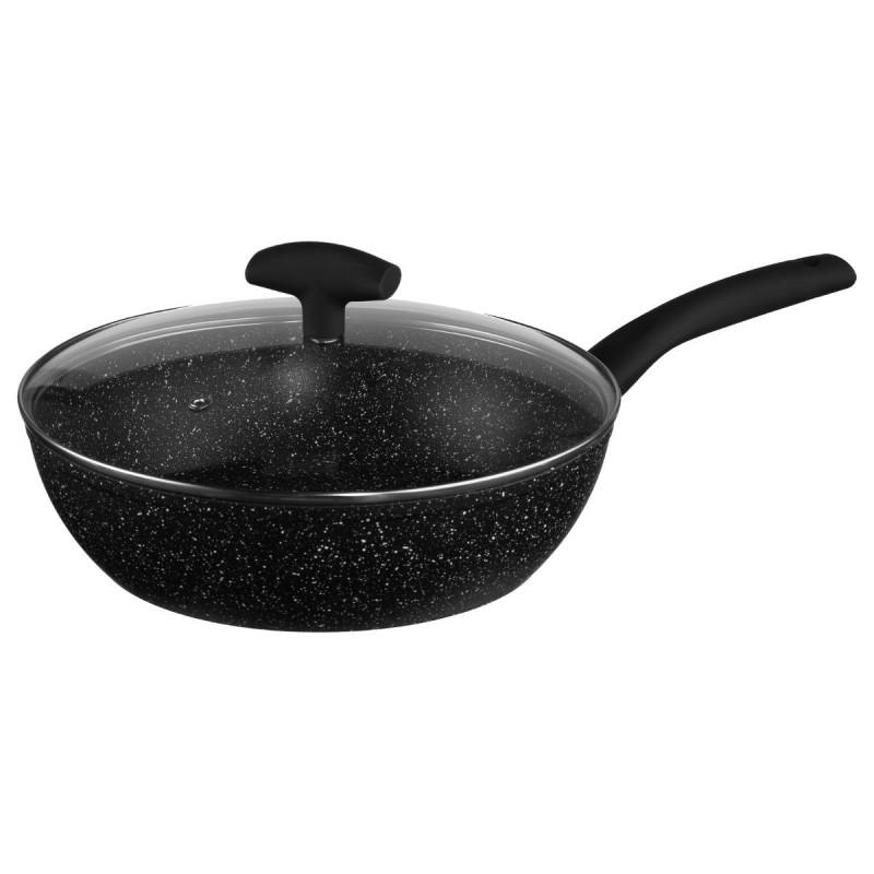 Sauteuse en aluminium forgé avec couvercle 28 cm - Revêtement en pierre - Couleur noire - Paris Prix_0