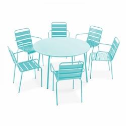 Oviala Business Ensemble table de terrasse ronde et 6 fauteuils acier turquoise - Oviala - bleu acier 109255_0