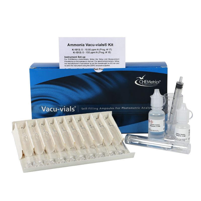 Kit d’analyse instrumentale de l’Ammoniac (N), 0-10,00 ppm et 0-150 ppm Type : Vacu-vials 30 unités, marque Chemetrics - Ref.: NBC036_0
