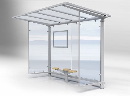 Abri bus héritage 3.4 m / structure en acier / bardage en verre sécurit / avec banc assis-debout / 340 x 185 cm_0