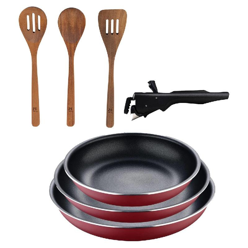 BERGNER - Ensemble de 3 poêles Ø18/20/24cm aluminium pressé rouge avec manche amovible et ensemble 3 pièces d'ustensiles de cuisine en bois d'acac_0