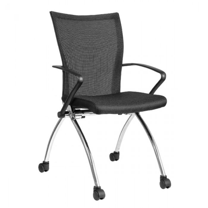Chaise visiteur - conférence à roulettes - dossier résille noir DAS - assise rabattable - pieds chromés_0