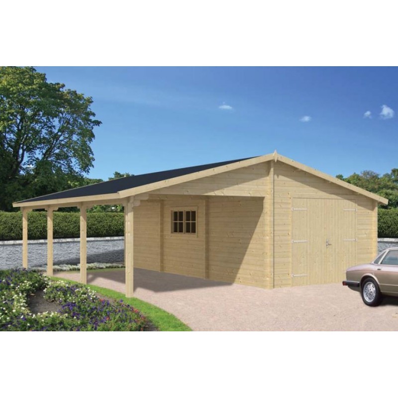 Garage avec carport bois / 64 m² / toit double pente / porte battante / 4 x 8.3 x 3.57 m_0