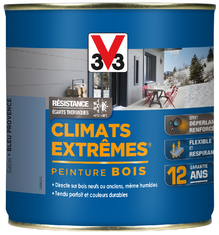 Peinture bois extérieur Climats Extrêmes® V33 - Bleu Provence Satiné 0.5L - Glycéro pour bois neufs et anciens_0