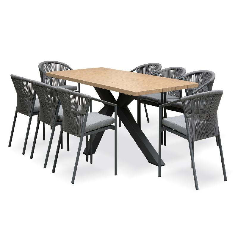REMARQUABLE Ensemble table de jardin en aluminium gris anthracite et plateau aspect bois (220x102 cm) et 8 fauteuils empilables - KELIA - 370091763715_0