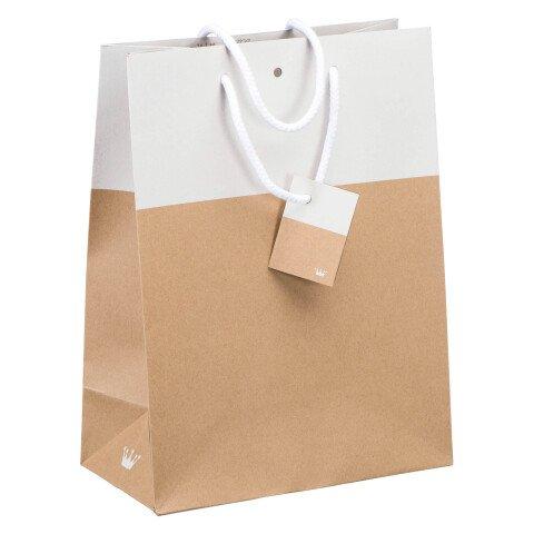 SACS KRAFT ET BLANC BICOLORE LUXE POIGNÉES CORDELIÈRES 33 X 25 X 13 CM - 10 SACS