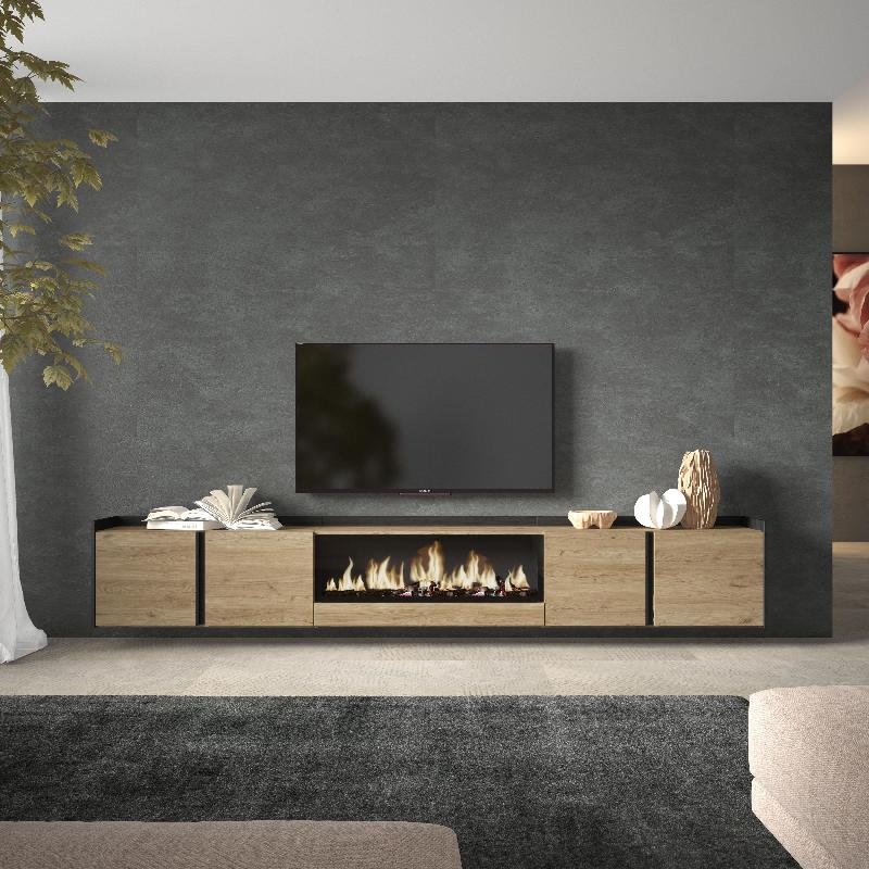 SKRAUT HOME - MEUBLE TV EFFET BOIS DE CHÊNE ET NOIR 315X35X50CM CHEMINÉE EFFET FEU