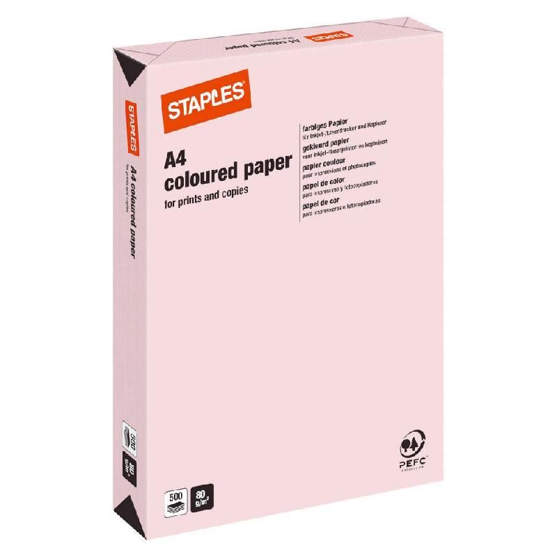 STAPLES RAMETTE 500 FEUILLES PAPIER STAPLES PASTEL ROSE A4 - 80G/M2 (PRIX À L'UNITÉ)