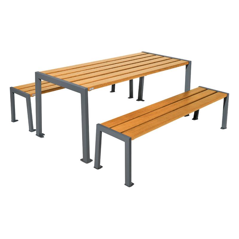 Ensemble table publique HOURTIN 1622 - Table et deux bancs en acier peint et bois de Guinée_0