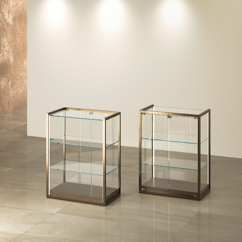 Vitrine comptoir bronze anodique STM75C-BR - L 75 P 45 H 95 cm avec verre trempé et étagères réglables_0