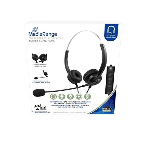 Mediarange MROS304 - Casque filaire binaural avec arceau noir et argent pour bureau et centre d'appels_0