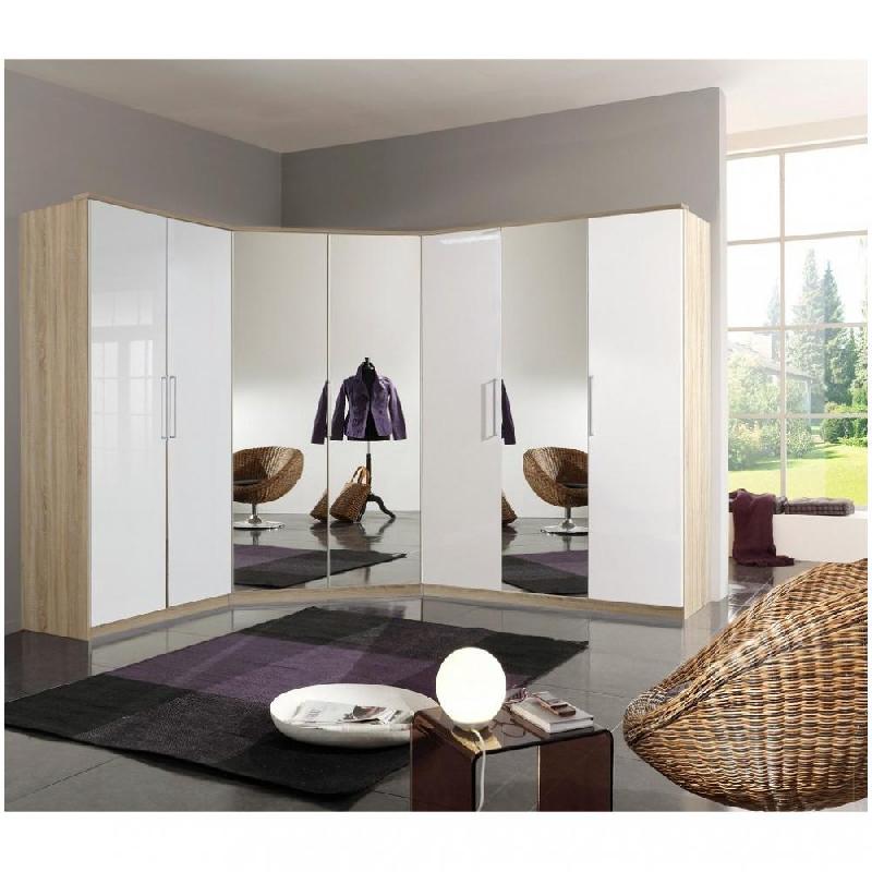 Ensemble de rangement d'angle GABY - Chêne imitation naturel - Portes blanc laqué et miroir - 216 x 260 cm_0