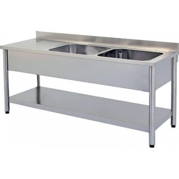 Plonge démontable sur pieds ronds avec étagère inox ferritique 2 bacs longueur 1500 mm (Position bac: Droite - Réf F-DRPL157-2BD-ETP-1)_0