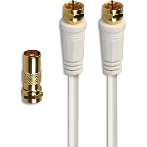 Apm - Cordon satellite fiche ''F'' mâle/mâle blanc 2m avec adaptateur mâle/femelle_0