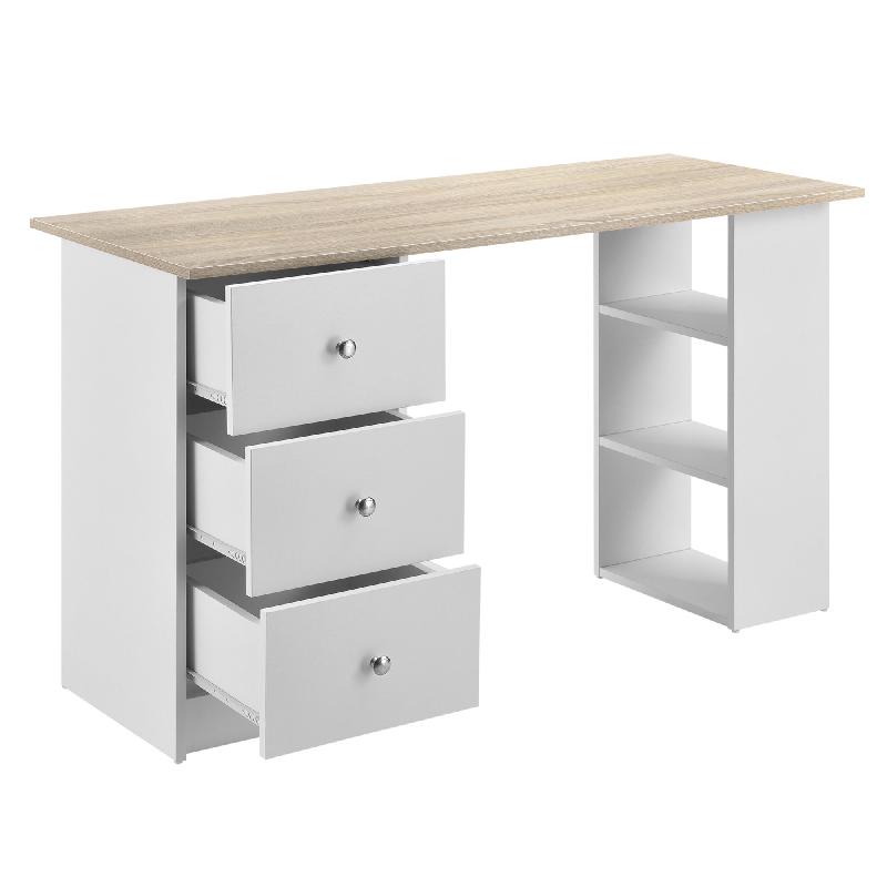 BUREAU TABLE POSTE DE TRAVAIL INFORMATIQUE AVEC 3 TIROIRS 120 CM BLANC ET BOIS 03_0004709_0