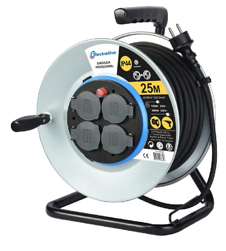 Enrouleur de câble électrique chantier - Electraline - 25 m HO7RNF 3G2.5 - 4 prises avec terre - IP44 - Disjoncteur thermique_0