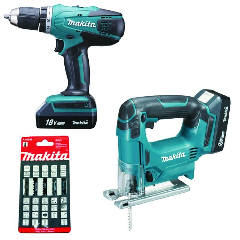 ENSEMBLE DE 2 MACHINES EMPREINTE SPÉCIALE MAKITA :   PERCEUSE VISSEUSE Ø 13 MM DF457D + SCIE SAUTEUSE JV183D