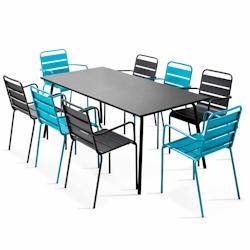 Oviala Business Ensemble table de terrasse et 8 fauteuils en métal bleu et gris - bleu acier 103974_0