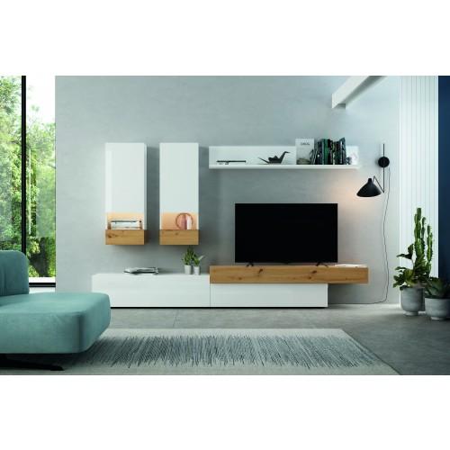 MEUBLE TV - 5 MODULES - AURA.2 - 280CM - BLANC ET ARTISAN - COLONNES H104CM RAMIS