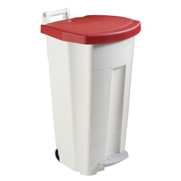 Poubelle mobile à pédale 90 litres - corps blanc et couvercle rouge - structure résistante en polyéthylène haute densité_0