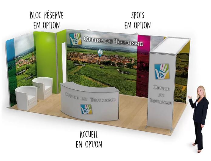 Stand modulaire 18m² en tissu - angle ouvert 6x3 m - éclairage LED inclus - cadre aluminium_0