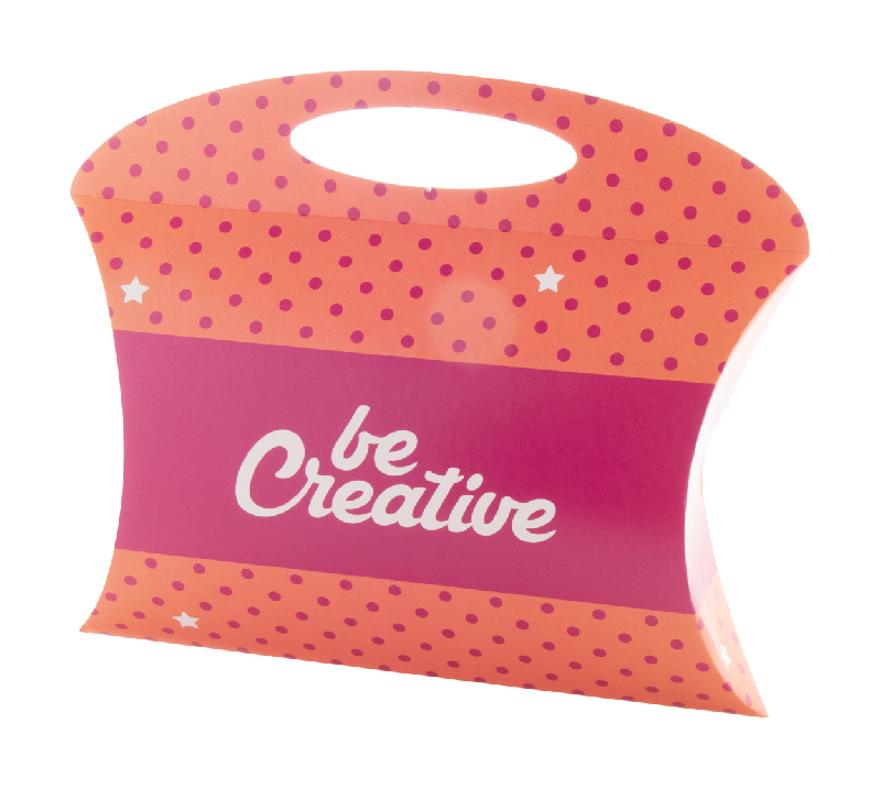 Boîte en forme de petit coussin - sur mesure en papier cartonné imprimé quadri avec poignée_0