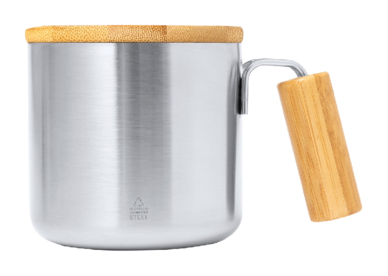 Mug thermos publicitaire en acier inoxydable recyclé - double paroi - poignée et couvercle en bambou - 330 ml_0