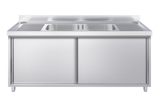 Plonge en inox sur meuble - 180 x 70 cm - 2 cuves centrales avec égouttoirs et pieds réglables_0