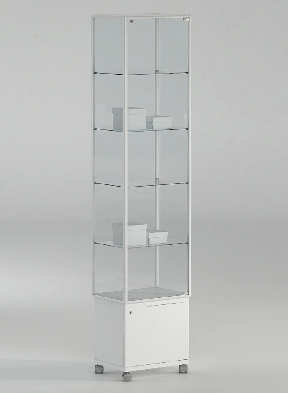 Vitrine colonne haute 51-MAPVA - blanc poli - verre trempé avec 4 tablettes amovibles et serrure_0