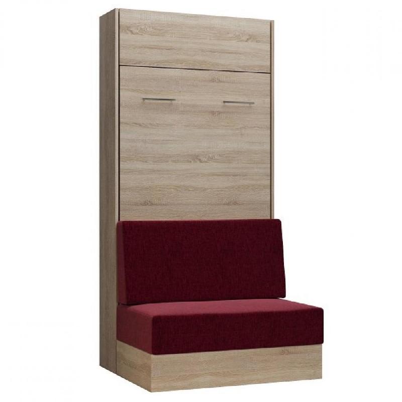 ARMOIRE LIT ESCAMOTABLE DYNAMO SOFA CANAPÉ INTÉGRÉ CHÊNE NATUREL TISSU ROUGE 90*200 CM_0