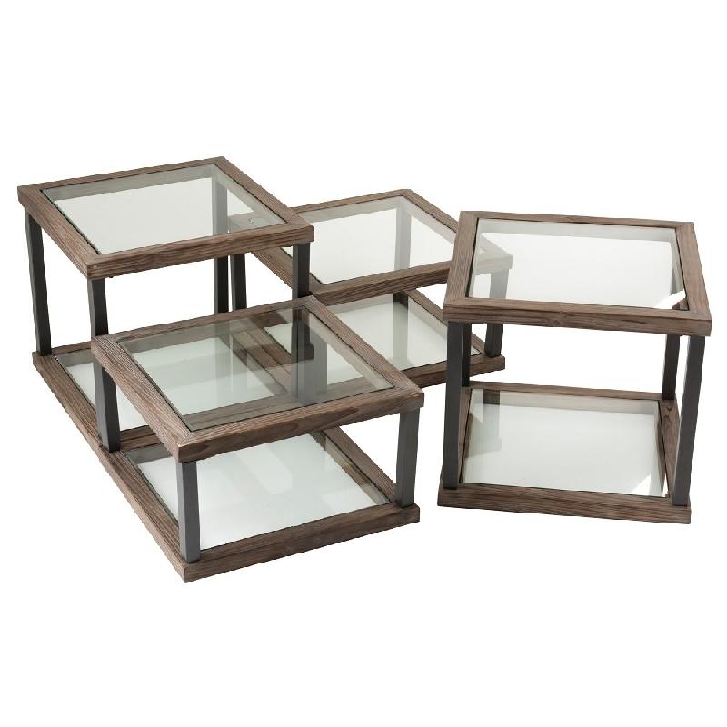 Set de 4 tables basses carrées SQUA - Bois marron et verre transparent - Design sobre et rustique_0