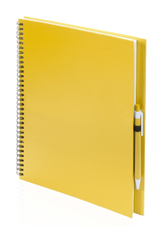 Bloc-notes à spirales - 80 pages non lignées en papier recyclé - Stylo bille assorti - Format A4 - Couleur jaune_0