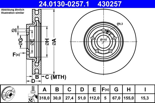 Disque de frein ATE 430257 - ventilé - côté d'assemblage avant_0