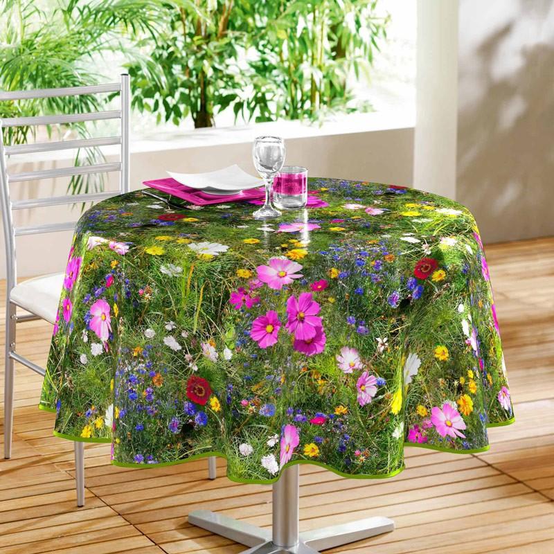 Toile Cirée Ronde Hortensia 160cm - PVC Imperméable Motif Fleurs Papillons | Pour Intérieur/extérieur