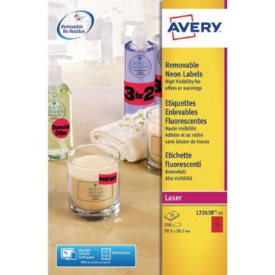 Avery L7263R Etiquettes enlevables 99,1 x 38,1 mm rouge fluorescent imprimantes jet d'encre et laser - 25 feuilles - 350 étiquettes_0