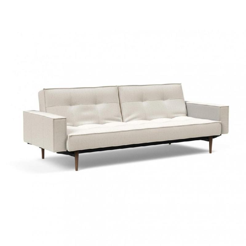 Canapé convertible Splitback Styletto avec accoudoirs - pieds fuseau chêne noyer - tissu bouclé Off White - couchage 115x210 cm_0