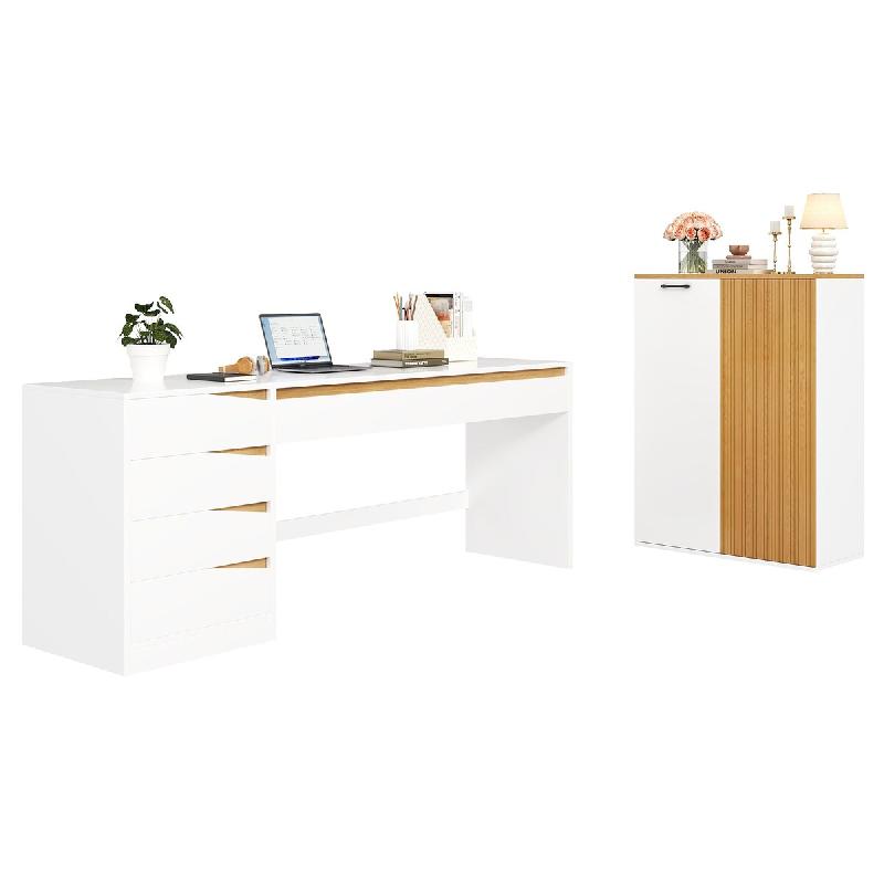 Merax Ensemble de bureau 2 pièces, bureau 140 x 50 x 78 cm et armoire 80 x 40 x 110 cm, blanc/chêne - multicolore Bois manufacturé N880P5146334W-SET_0