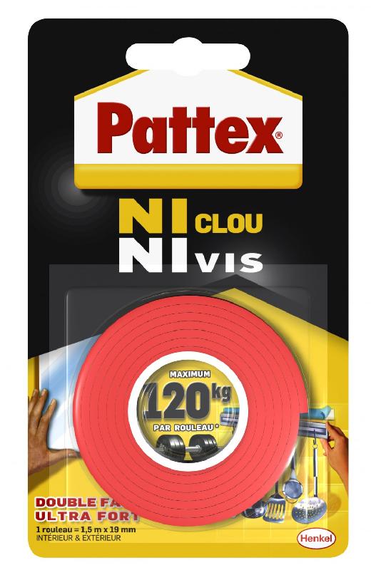 Adhésif double face - Ni clous ni vis - Surfaces lisses - Blanc - PATTEX - 1,5 m x 19 mm - Charge maximale 120 kg_0