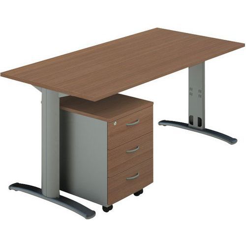 BUREAU PIEDS DALIA 120X80 + CAISSON MOBILE 3 TIR. NOYER /ALU - QUADRIFOGLIO
