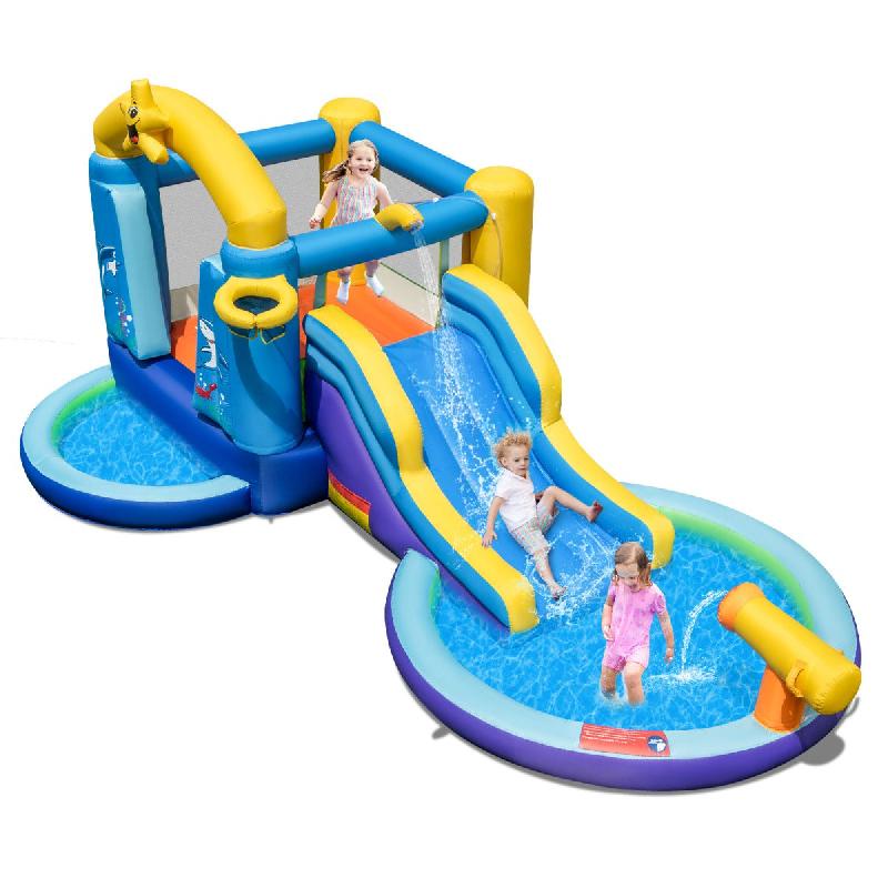 Château gonflable océan 6 en 1 avec souffleur 680W - toboggan aquatique, 2 piscines et maison de rebond - Charge 90kg - 20_0005718_0