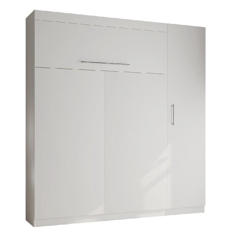 Composition armoire-lit Lutecia blanc mat - Couchage 140x190 cm avec colonne armoire et rangements intégrés_0