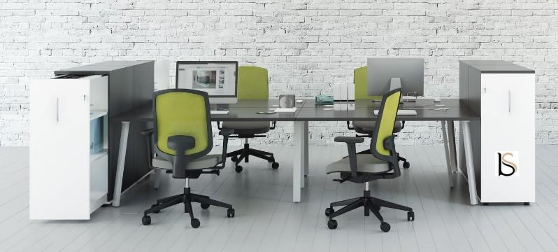 Ensemble de 4 postes Ogi A avec maxi caissons - MDD - Blanc, Aluminium satiné_0