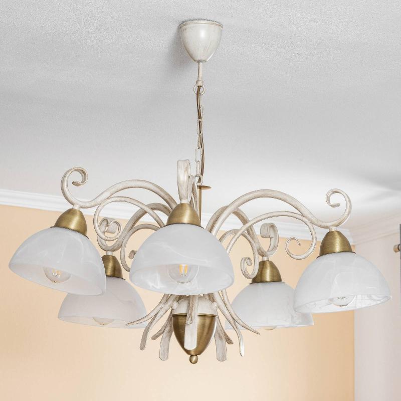 LUMINEX LUSTRE FLORA, CINQ ABAT-JOUR VERRE, BLANC/LAITON