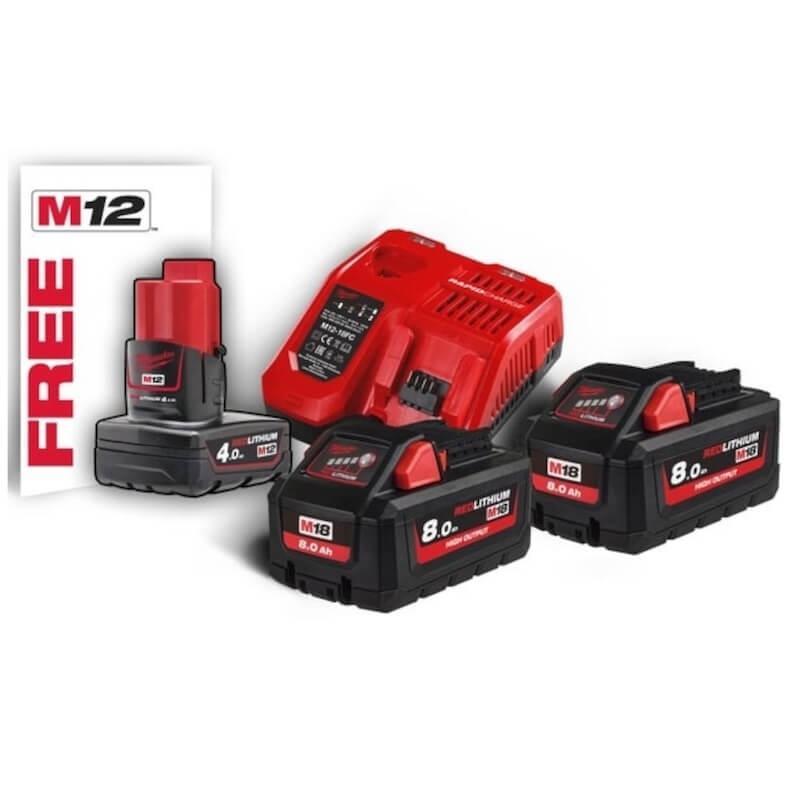 Pack 2 batteries 18V 8Ah + 1 batterie 12V 4Ah + Chargeur rapide M12 - 18 FC - Milwaukee 4933471073_0