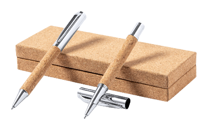 Parure stylos à bille et roller en métal avec corps en liège naturel - Coffret cadeau_0