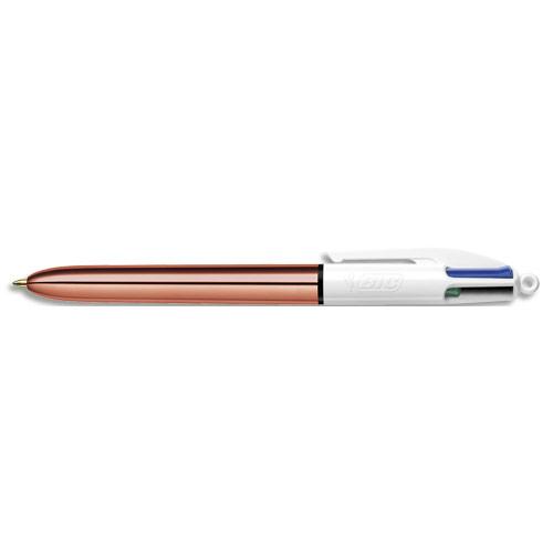 STYLO BILLE BIC 4 COULEURS - POINTE MOYENNE 1 MM - BICOLORE BLANC ET METALLISE OR ROSE - LOT DE 12