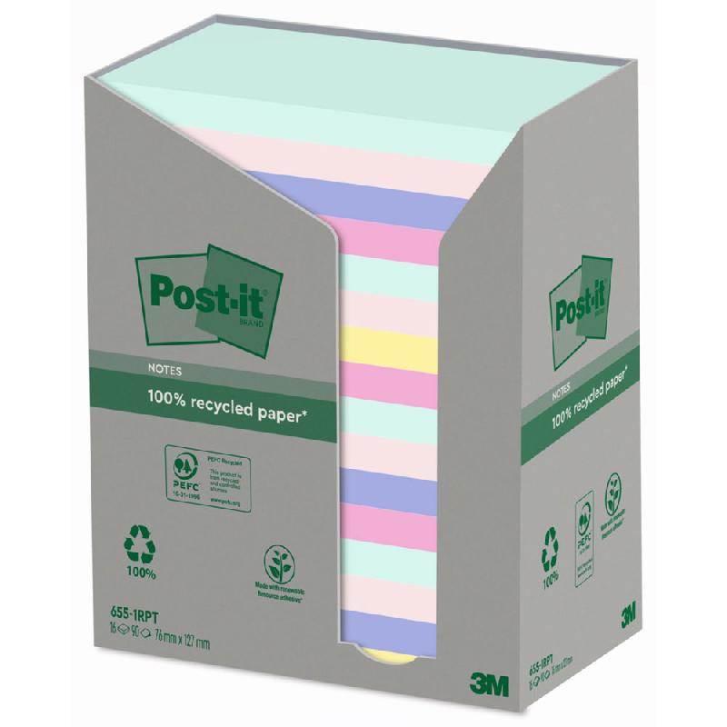 TOUR DE NOTES REPOSITIONNABLES POST-IT NATURE RECYCLES 76 X 127 MM COLORIS ASSORTIES - 16 BLOCS DE 100 FEUILLES