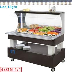 Buffet - salad bar mural réfrigéré 4x GN1/1-150 (bois wengé) - miroir, pare-haleine en verre trempé, LED, roulettes avec freins_0