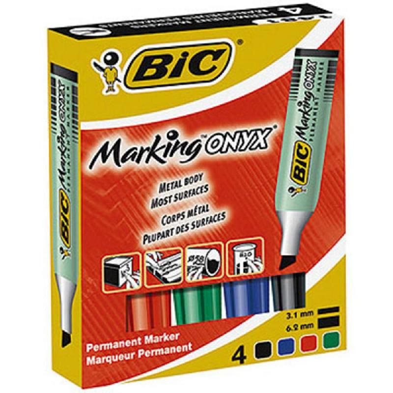 BIC MARQUEUR PERMANENT BIC ONYX MARKER 1481 - POINTE BISEAUTÉE - PETIT MODÈLE - POCHETTE DE 4