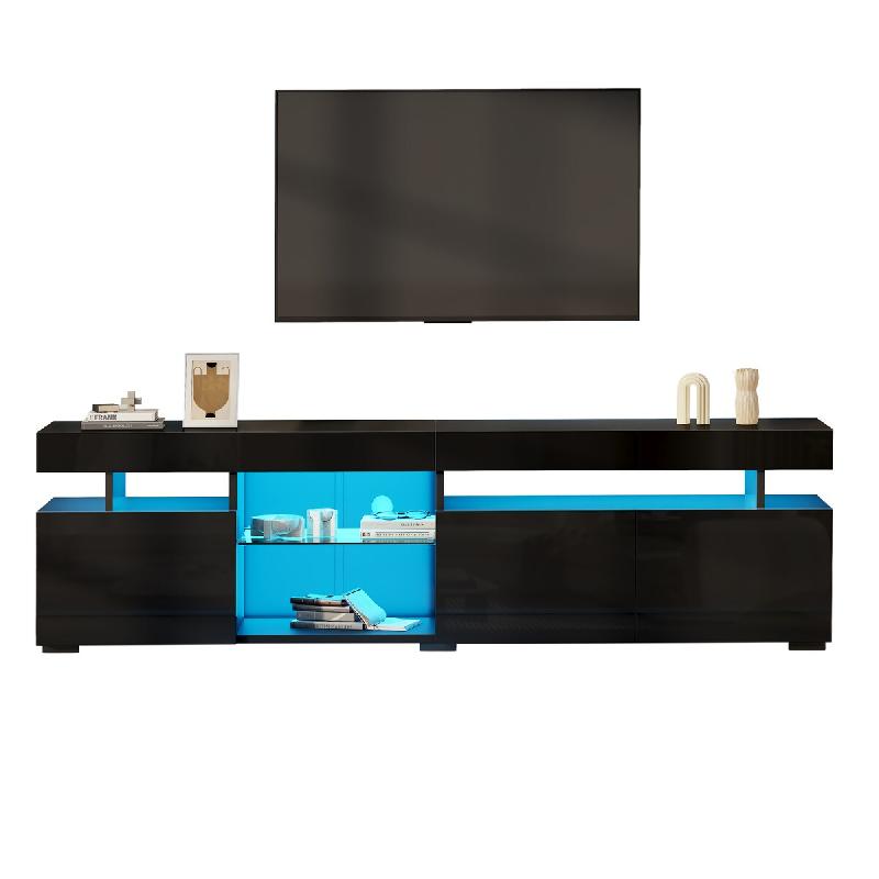 Merax TV-Schrank 180x35x45 cm Lowboard avec 3 portes, étagères en verre réglables, éclairage LED par app, noir brillant, panneau de particules - n_0